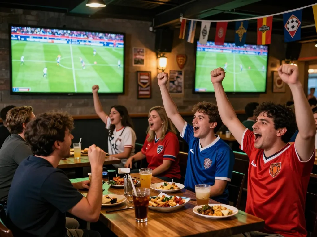 Xoilac live football viewing experience in a sports bar with fans cheering and celebrating.