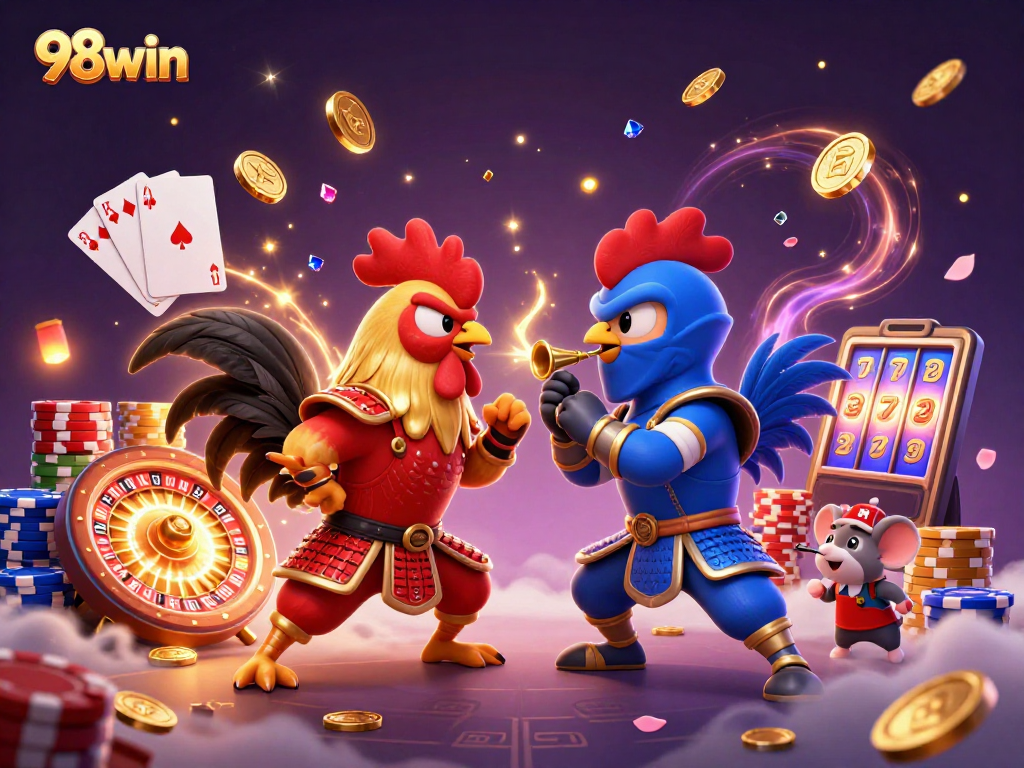 98win's fighting roosters in a thrilling standoff, showcasing exhilarating casino excitement.
