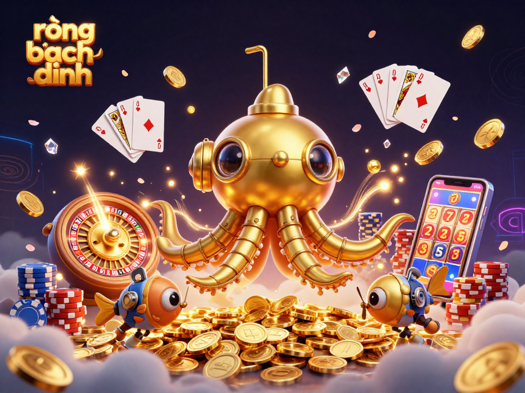 Engage with rồng bạch kim as mechanical creatures and gold coins surround a vibrant casino scene.