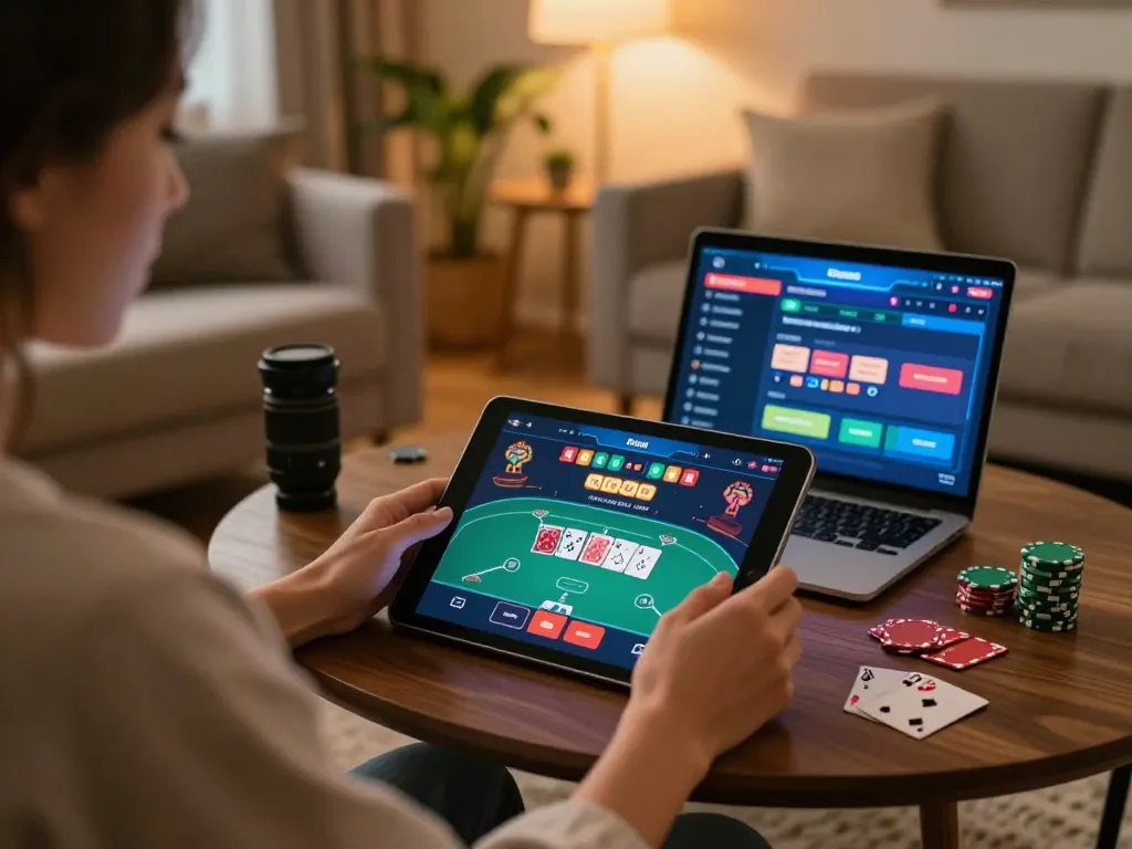 Engaged player using a tablet for sbobet11 online poker, showcasing strategic gameplay.