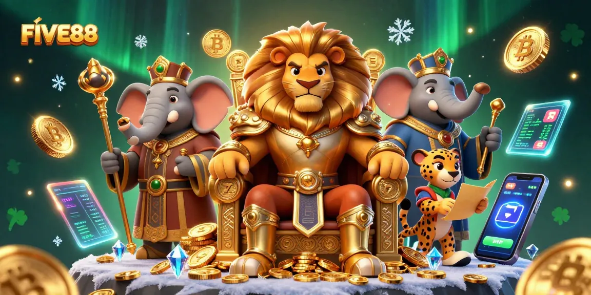 Engage with FIVE88: A lion king on a golden throne amidst dynamic casino elements.