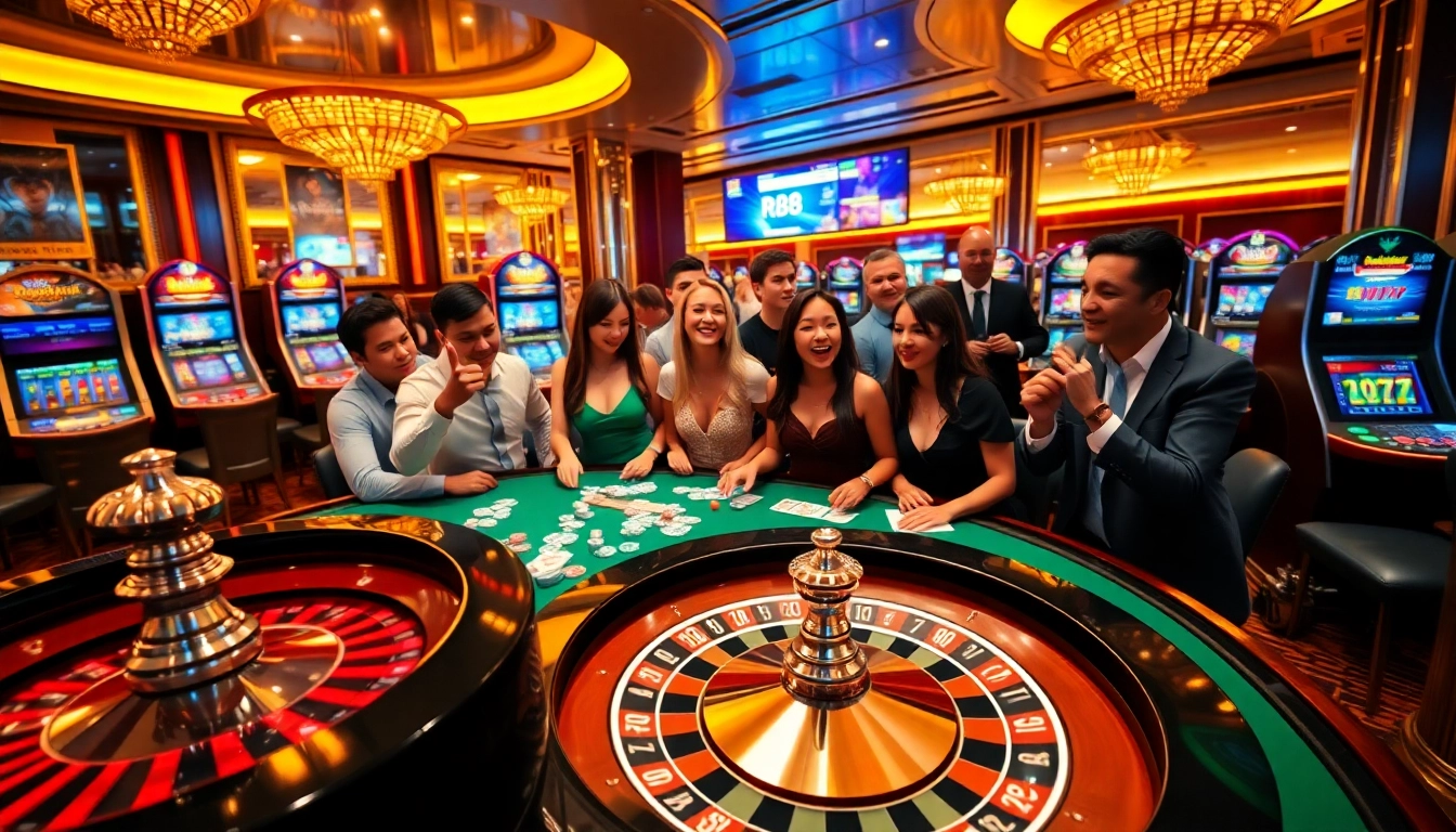 Gambling enthusiasts enjoying an exciting casino experience at RR88 with poker chips and roulette.