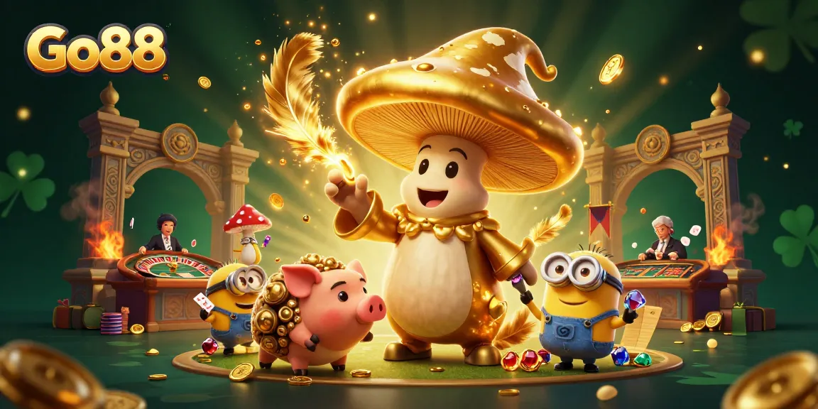 Experience the magic of Go88 as the golden mushroom wizard conjures winning treasures in this thrilling casino scene.
