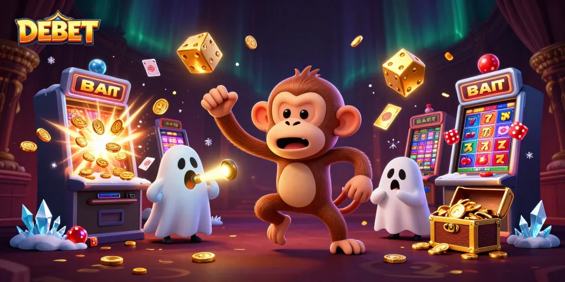 Immerse yourself in the electrifying world of DEBET gaming with a haunted casino illustration featuring a playful monkey and ghost-hunter puppy.