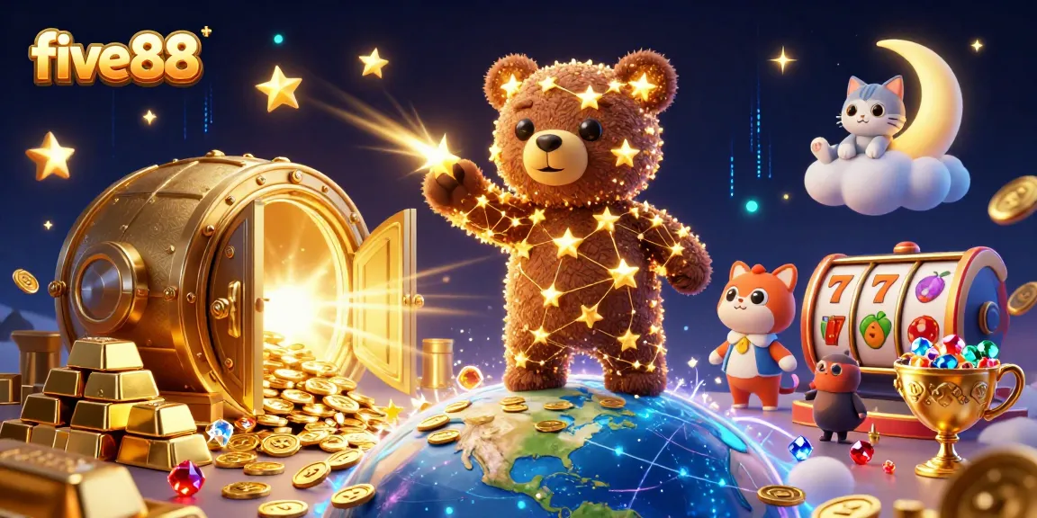 Engage in thrilling casino action with five88's vibrant 3D digital illustration featuring a constellation bear among treasure.