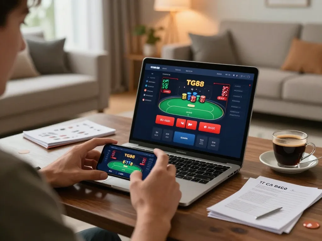Player engaging with the TG88 casino app, showcasing a cozy online gambling atmosphere.