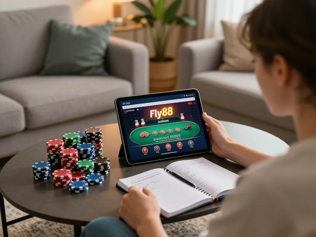 Engaged player navigating the Fly88 online casino on tablet, showcasing strategic gameplay.