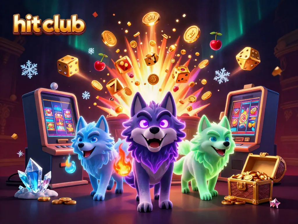 Explore thrilling jackpots at hit club with vibrant, colorful casino elements and mystical wolves.