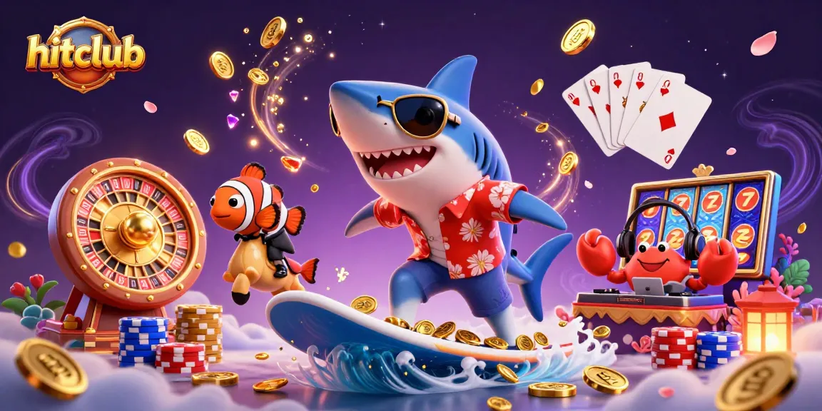 Experience thrilling gaming action with hitclub's vibrant casino scene featuring a shark riding golden waves of coins.