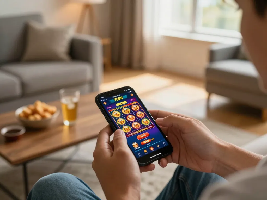 TG88 app interface displayed on smartphone during online casino gaming session, showcasing vibrant slot games.