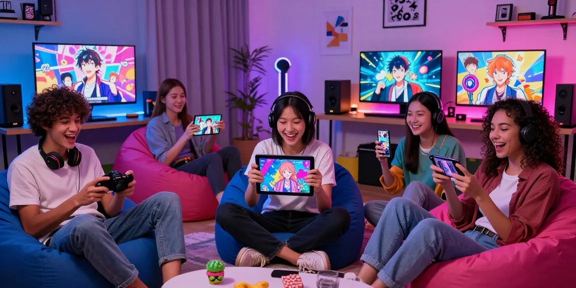 Group enjoying hentaigame experiences on various devices in a cozy gaming environment.