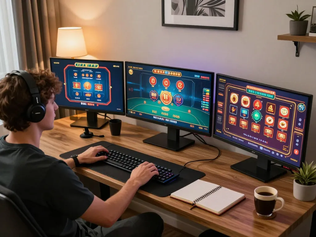 Engaging in strategic gameplay of 789 casino games on multiple screens in a cozy home office.