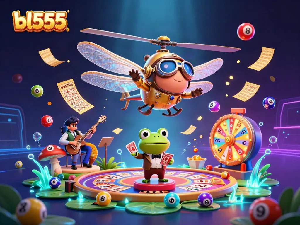 Experience exciting gameplay at bl555 with a vibrant 3D casino scene featuring colorful lottery elements.