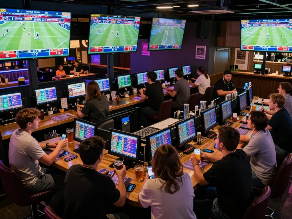Engaging sports fans analyzing кèo nhà cái 88 while placing bets in a vibrant sports bar