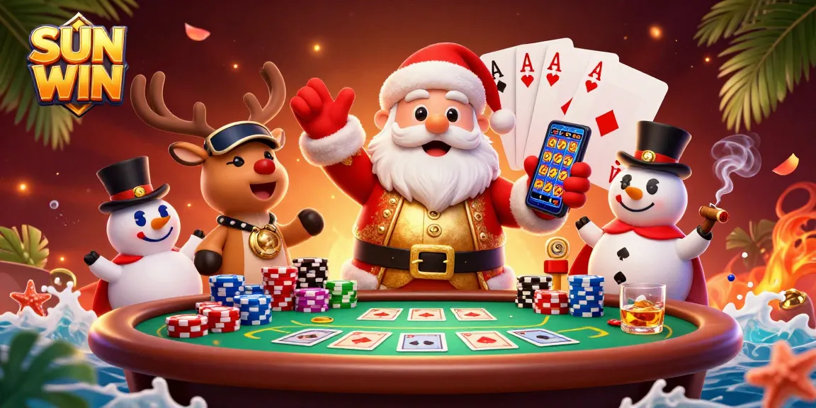 Join SUN WIN in a vibrant casino scene, with Santa Claus, reindeer dealer, and poker-themed snowman!