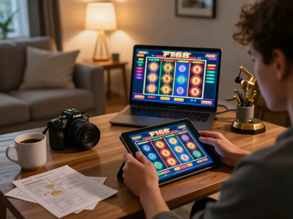 Playing exciting F168 slot games on a tablet in a cozy home environment.