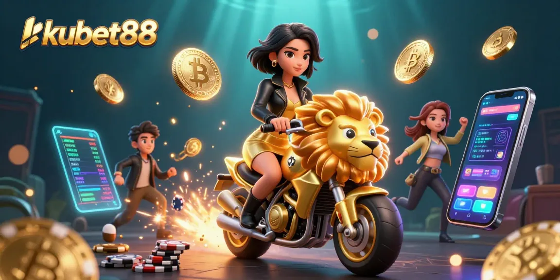 Experience vibrant play at kubet88 with a glamorous Asian woman on a golden lion, amidst dazzling casino elements.