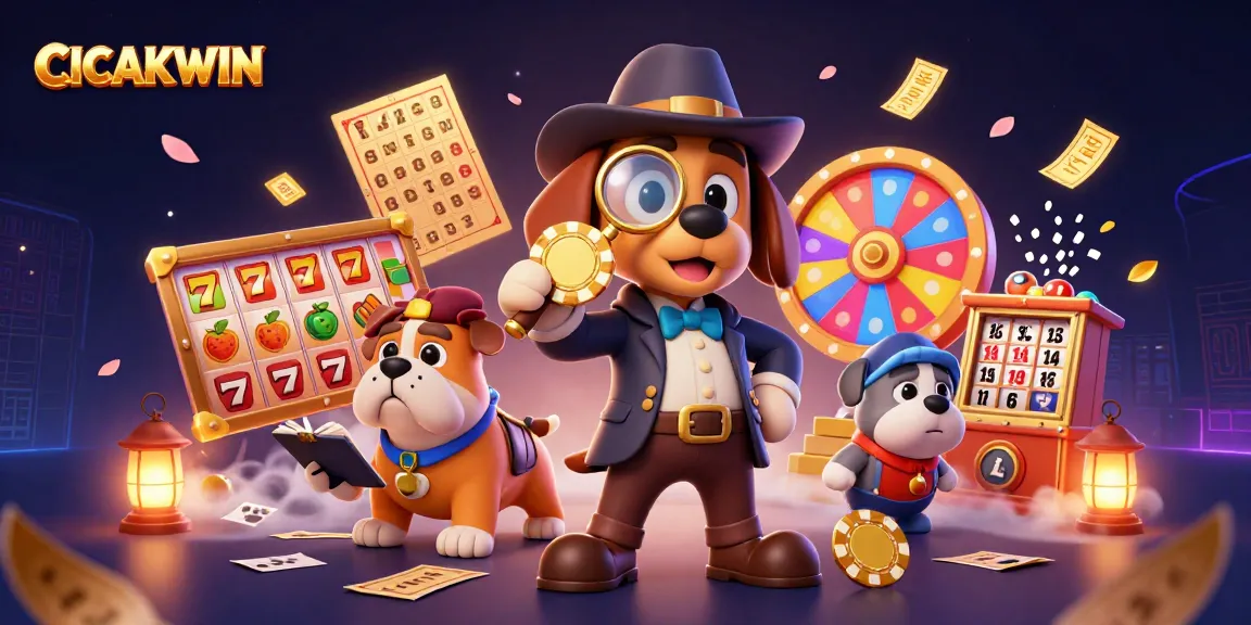 CICAKWIN brings excitement with a detective dog solving gaming mysteries amid colorful slots and treasure clues.