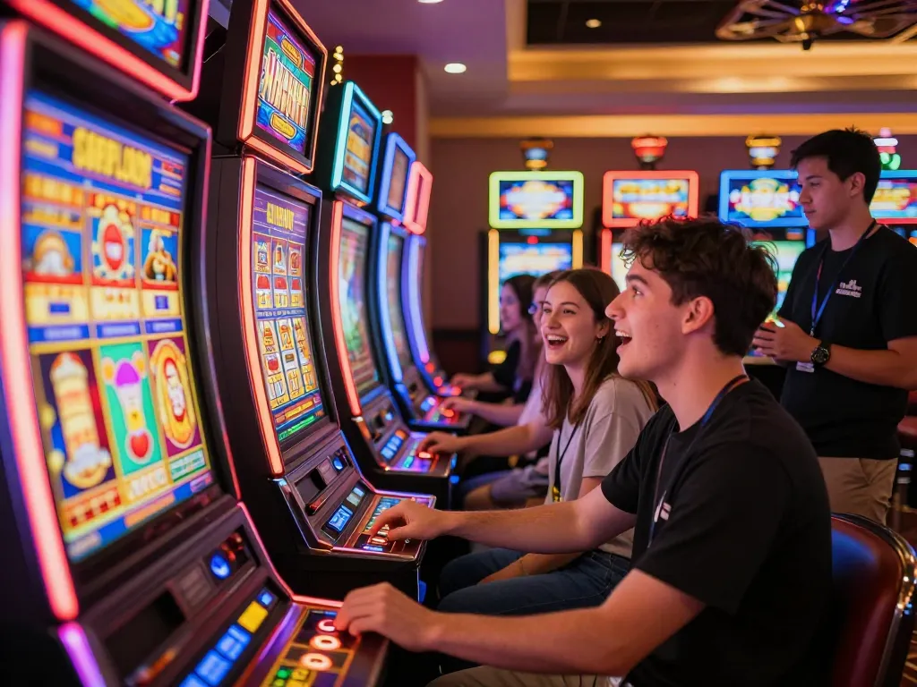 Engaging gameplay at hi88 nổ hũ with players spinning colorful slot machines and enjoying vibrant casino atmosphere.