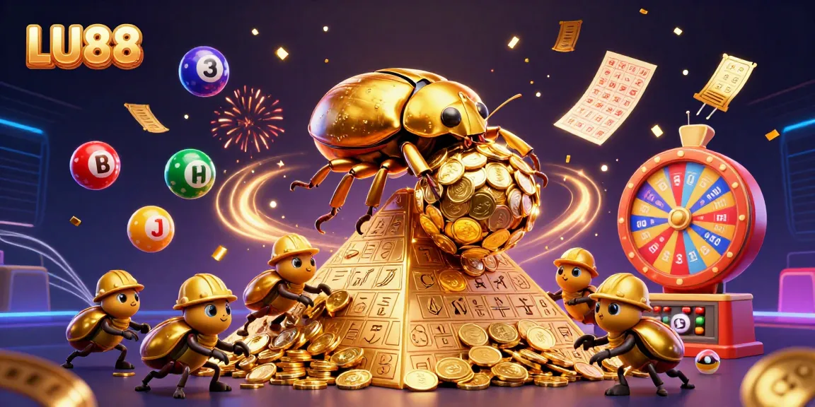 Experience the excitement of LU88 with a vibrant 3D casino-themed scene full of dynamic lottery elements.