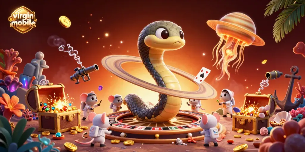 Experience thrill at virgin-mobile with a vibrant 3D casino scene featuring a roulette wheel and playful characters.