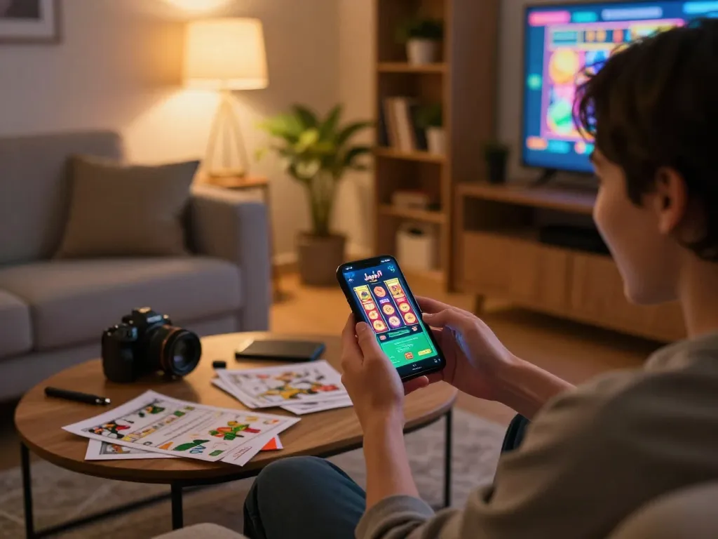 Engaging in exciting gameplay on Jaya 9 mobile app while relaxing at home with strategy notes.