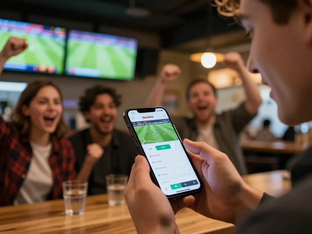 Betting on a live football match using a Socolive link on smartphone at a sports bar