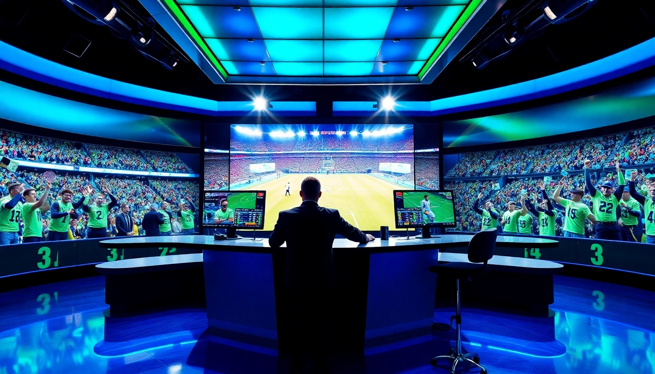 Engaging sports broadcasting scene with an analyst presenting live game coverage, highlighting Sports Broadcasting.
