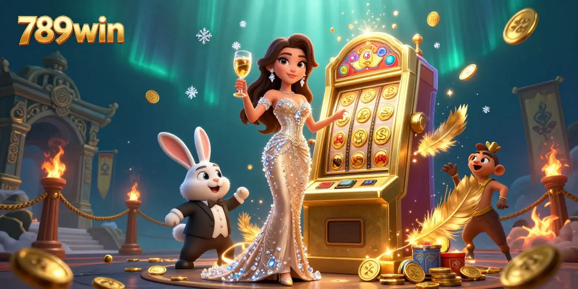 Engage in exciting gaming action at 789win with a stunning woman celebrating beside a golden jackpot.