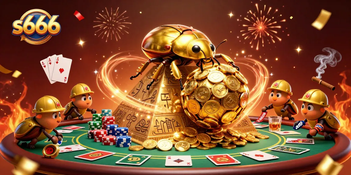Engage in exciting gameplay at s666 with a vibrant 3D scene featuring golden dung beetles and poker elements.