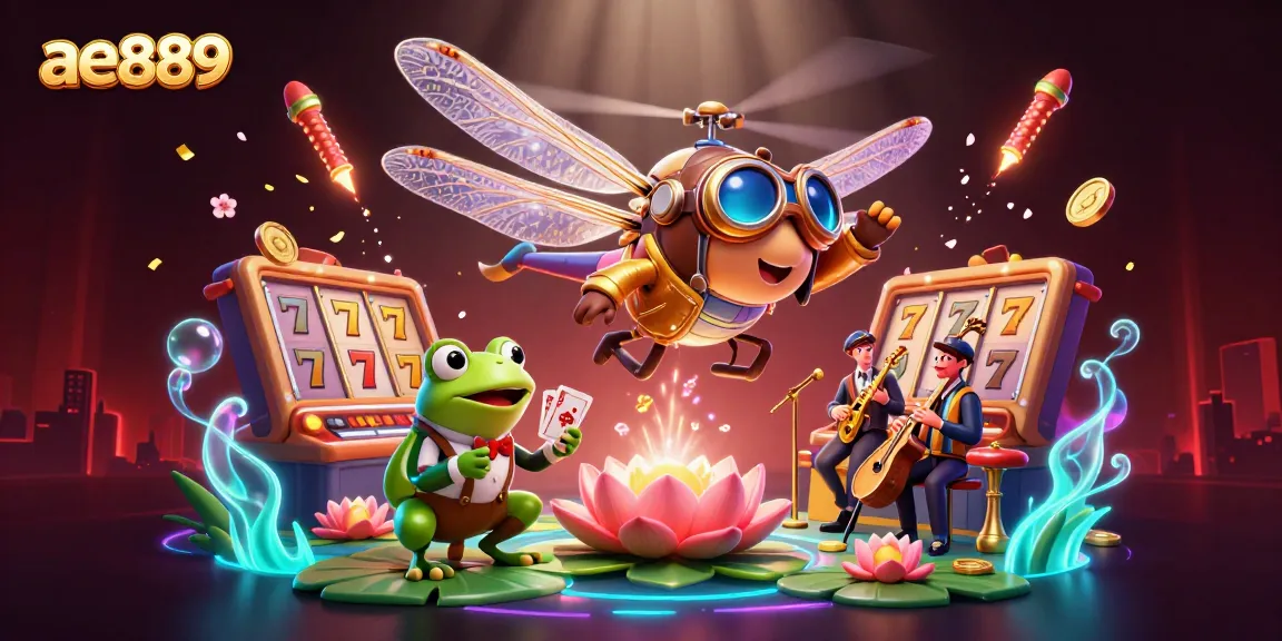 Experience the vibrant world of ae889 with a dynamic casino scene featuring playful characters and stunning game elements.