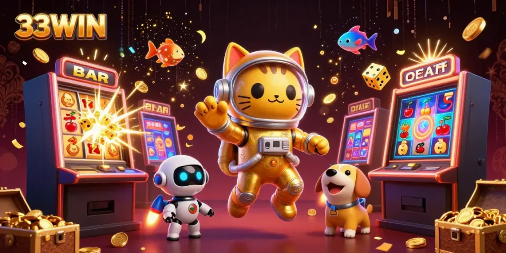 An engaging scene with 33WIN themed characters and casino elements, showcasing excitement in gaming.