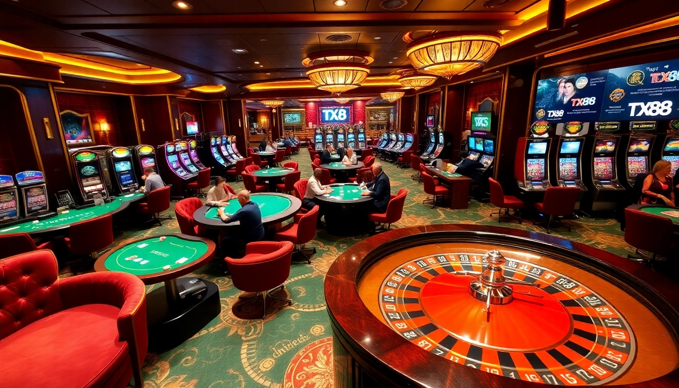 TX88 players engaging in strategic casino games amidst luxury decor.