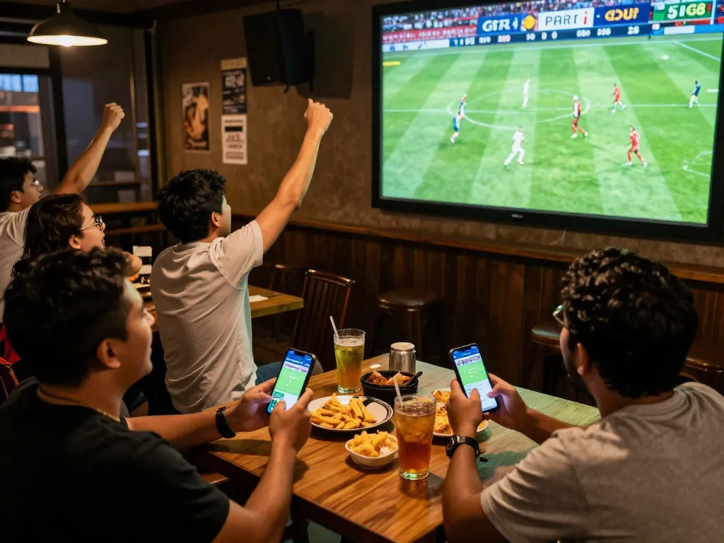 Bóng đá Bet168 fans cheering at a sports bar, engaging in live betting during the match