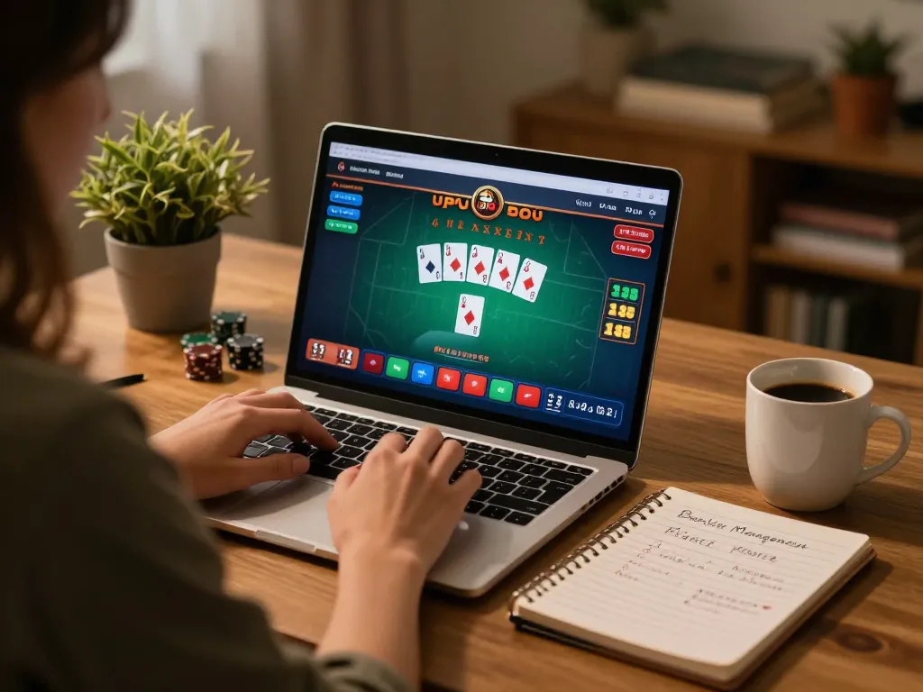 Player analyzes strategies for go89 poker game at home office with laptop and notebook.