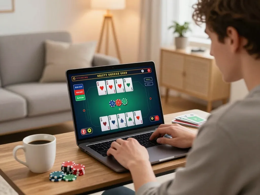 Engaging player enjoying blackjack on 98win, showcasing strategic gameplay in a warm home setting