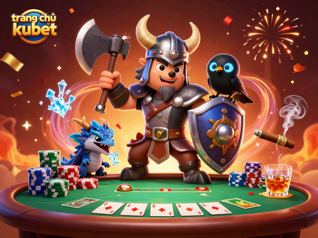 Play poker with excitement at trang chủ kubet, featuring a Viking warrior, dragon, and poker elements.
