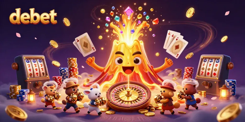 Experience debet's exciting gaming world with a golden volcano erupting coins in a vibrant casino illustration.
