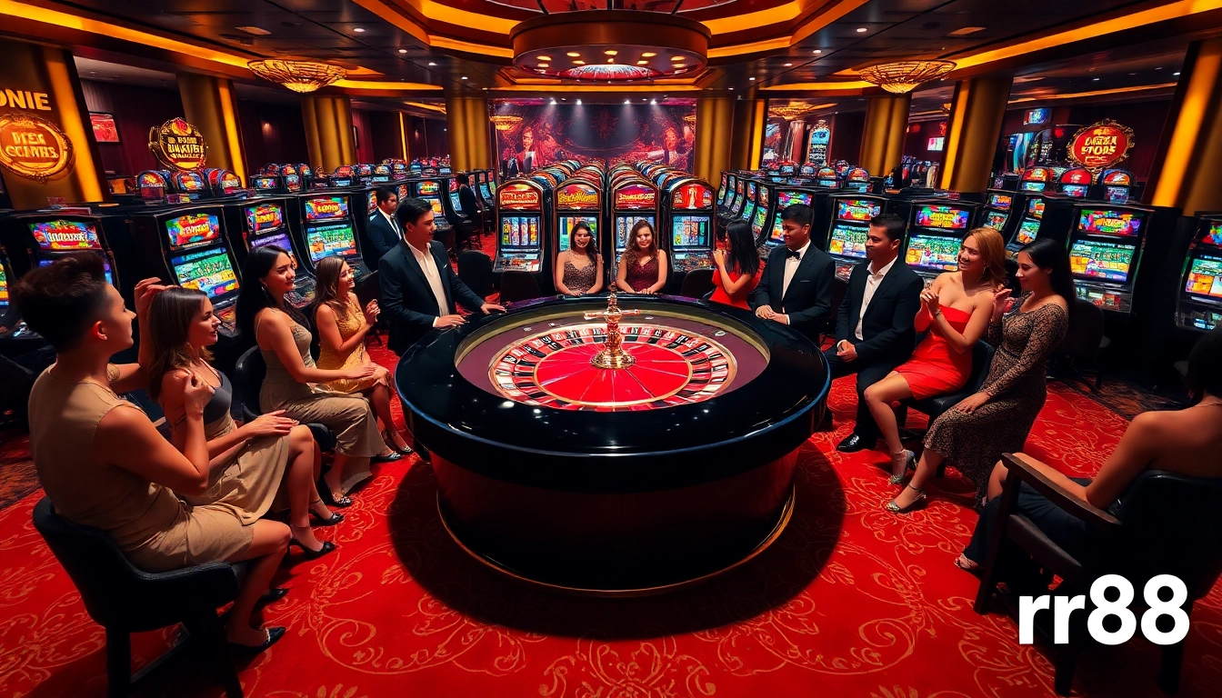 Casino gaming excitement at RR88 with players at a vibrant roulette table and slot machines.
