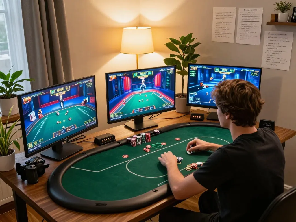 Player enjoying online poker at home on 33win with strategic notes around, warm atmosphere.
