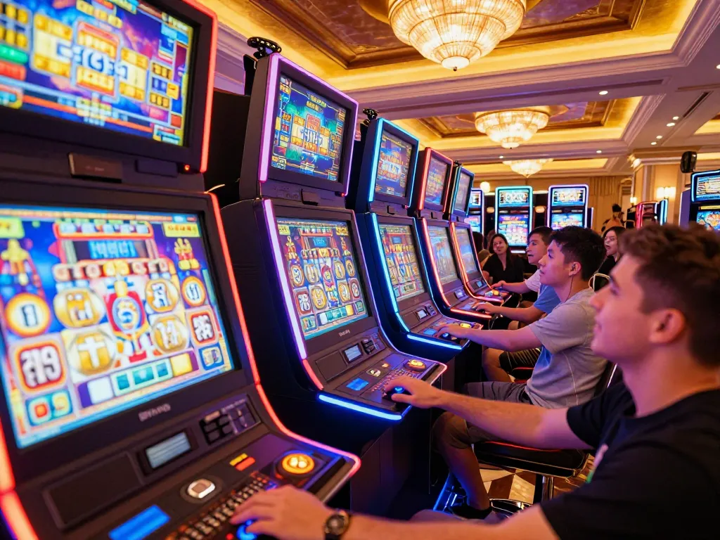 Người chơi LUCK8 ăn mừng chiến thắng tại các máy slot sôi động trong casino sang trọng, không khí đầy hồi hộp.