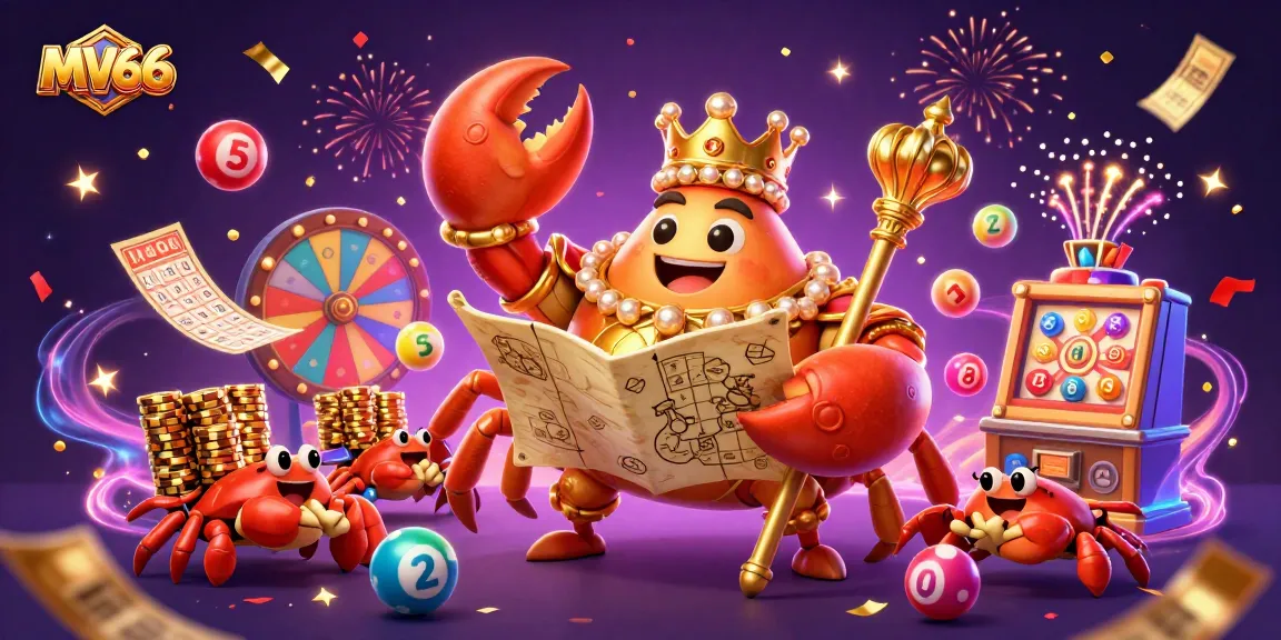 MV66's golden crab emperor leads a vibrant casino scene filled with lottery elements and excitement.
