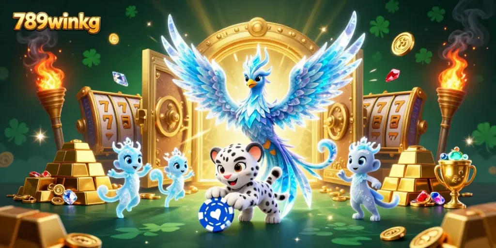 Experience the vibrant energy of 789winkg with an ice phoenix and treasures in a casino setting.