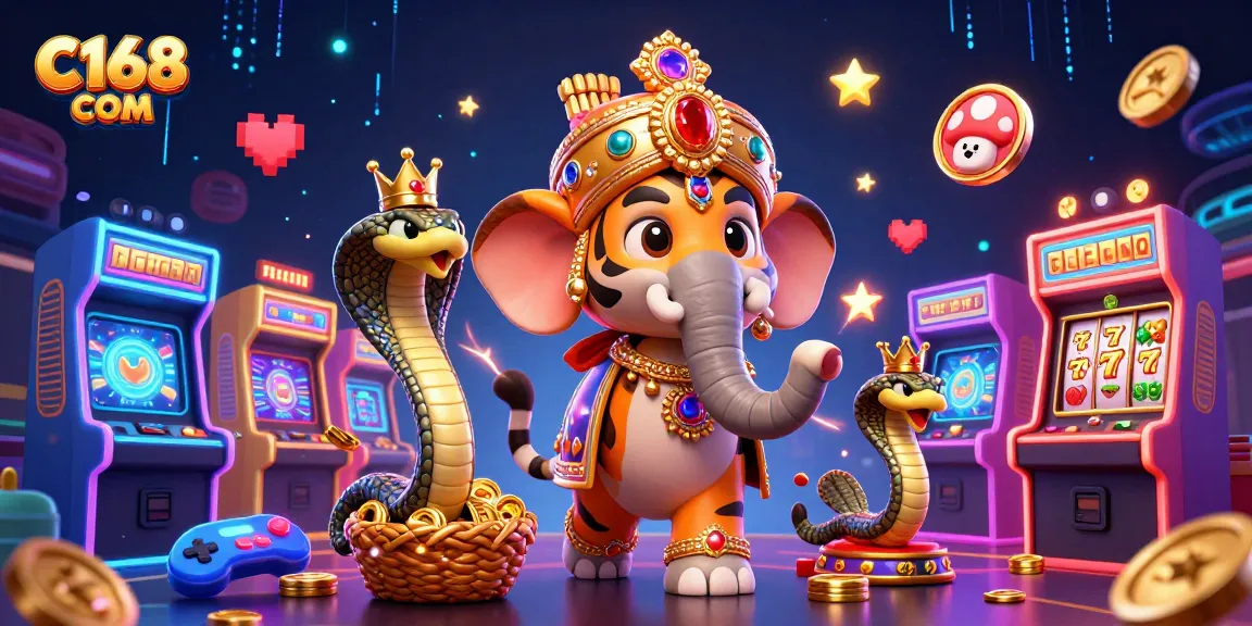 Engage in thrilling casino action at C168 COM with vibrant slot games and a majestic scene.