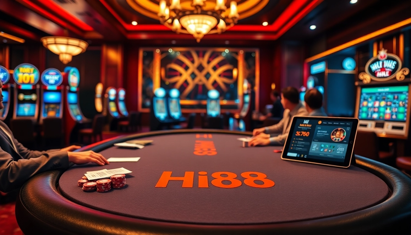 Players enjoying a high-stakes poker game at Hi88 casino, surrounded by vibrant slot machines.