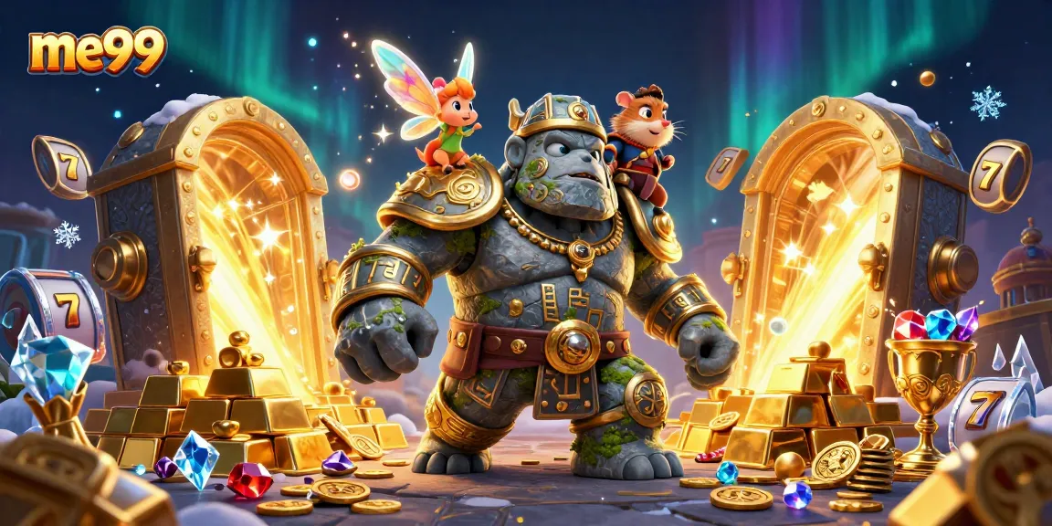 Spin to win at me99 with an enchanting golem and magical companions in a treasure-filled casino.