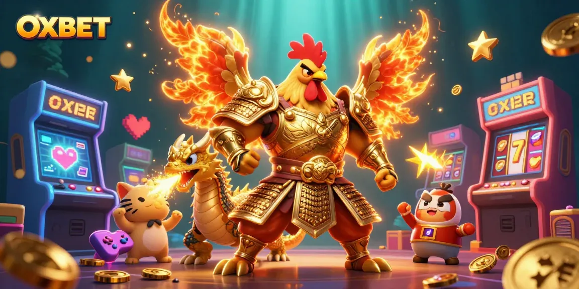 Experience OXBET through a vibrant 3D casino scene featuring warrior characters and slot gaming elements.