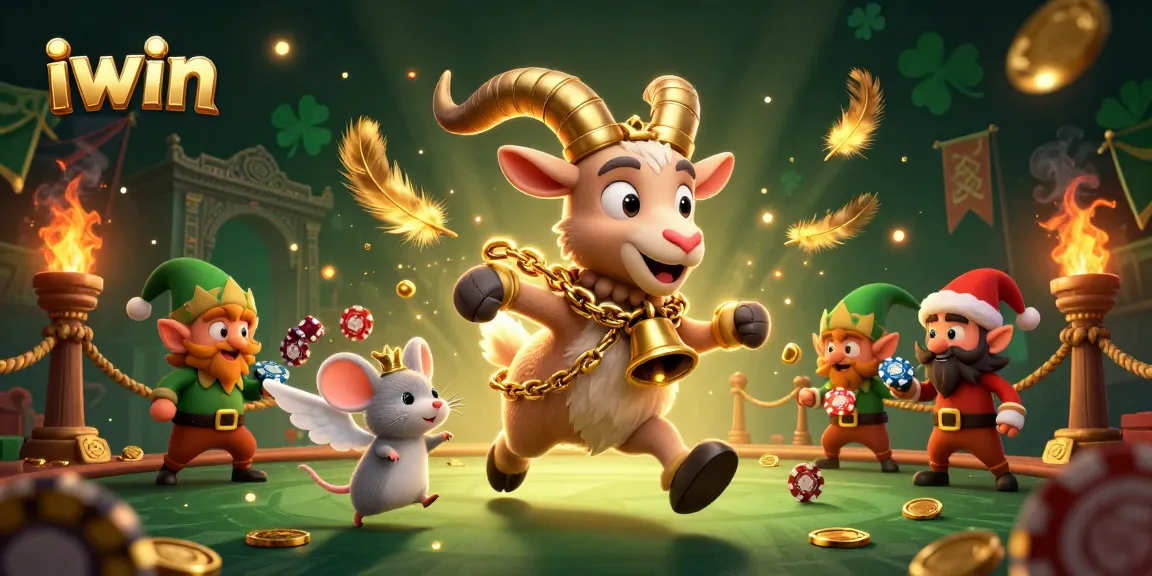iwin casino scene with Krampus goat, angel mouse, and elf gremlins amidst festive chaos