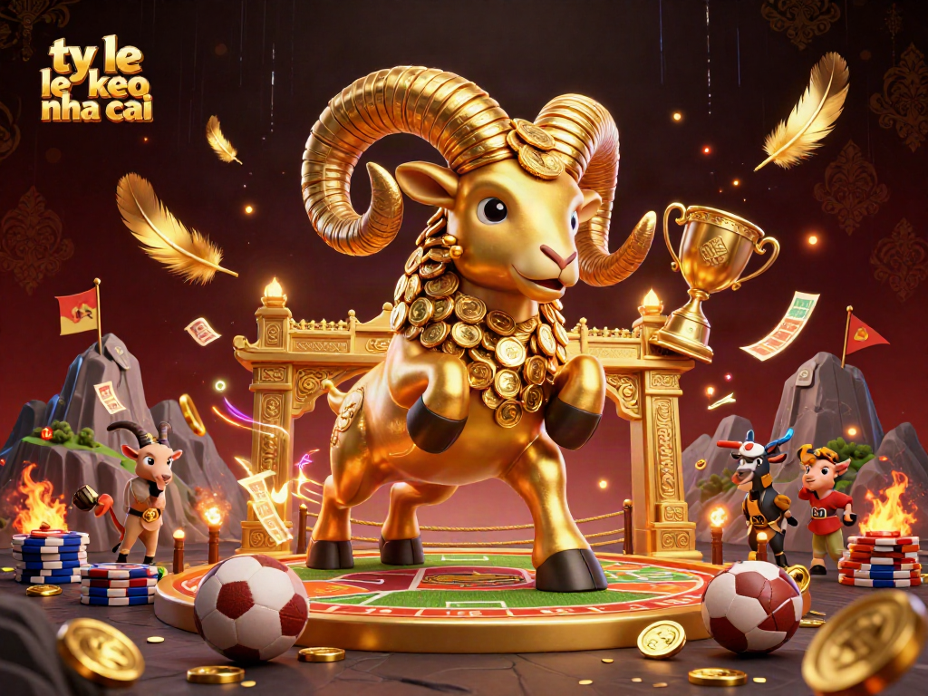 Experience the excitement of 'ty le keo nha cai' with a dynamic illustration of a golden ram charging amidst sports betting elements.