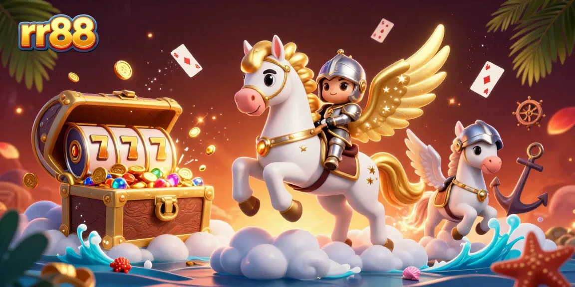 Race to win at rr88 with a magical scene of a celestial horse among slot machines and treasures.